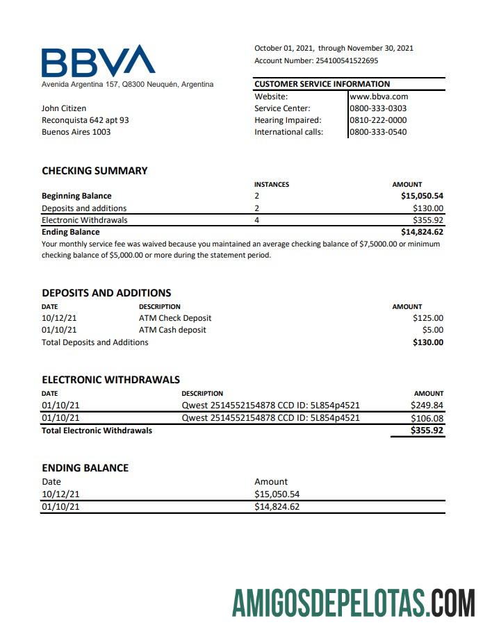 Argentina BBVA Bank Excel amostra